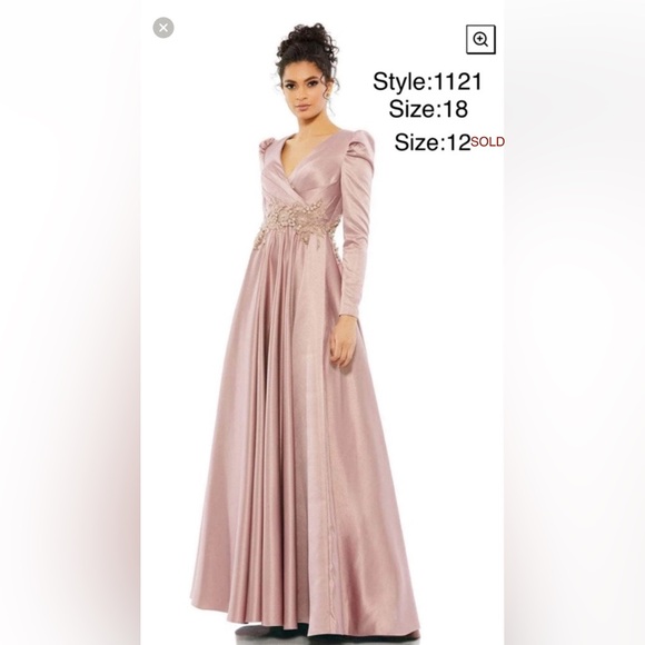 Puff shoulder floral appliqué matte satin gown - Picture 1 of 3